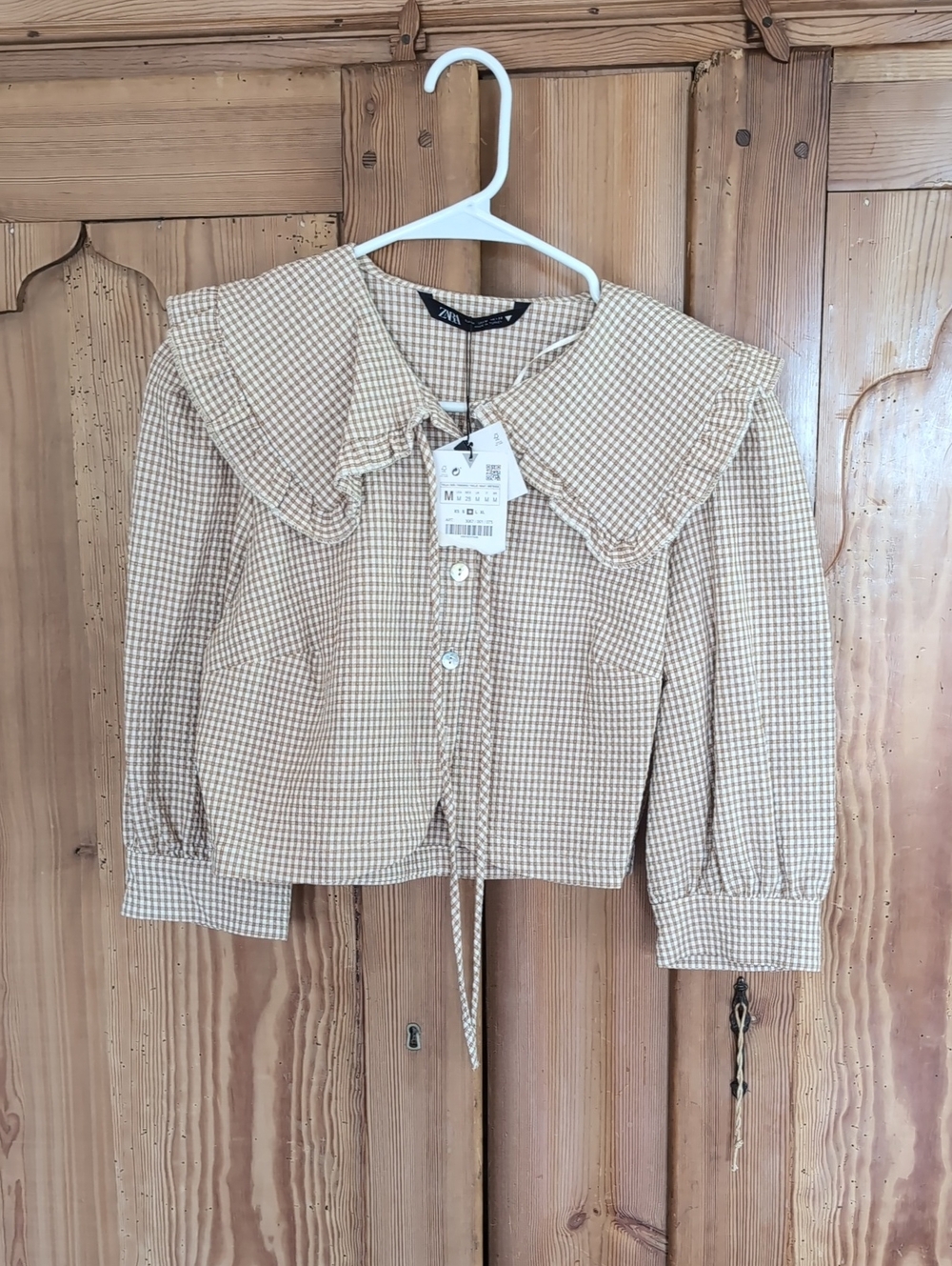 Zara Beige & White Gingham Collared Button-Front Top